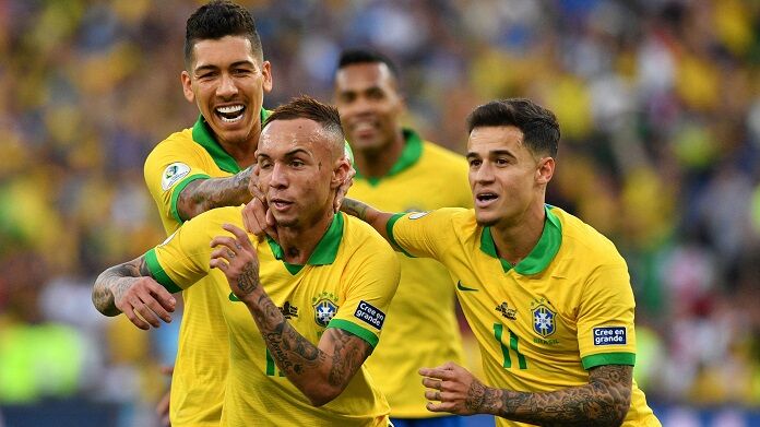 190708 RIO DE JANEIRO July 8 2019 Brazil s Everton 2nd L celebrates during the Copa Ame brasile
