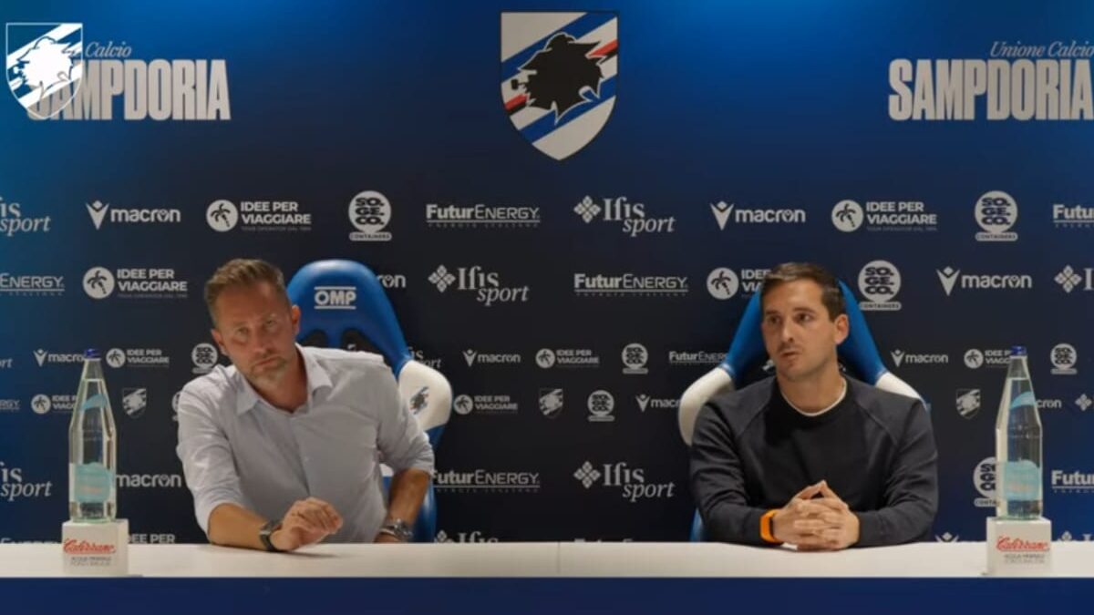 Calciomercato Sampdoria, vertice a Milano senza la presenza Mancini: tre giocatori possono finire fuori rosa 26 Conferenza stama Fredberg e Mancini e1761065070856