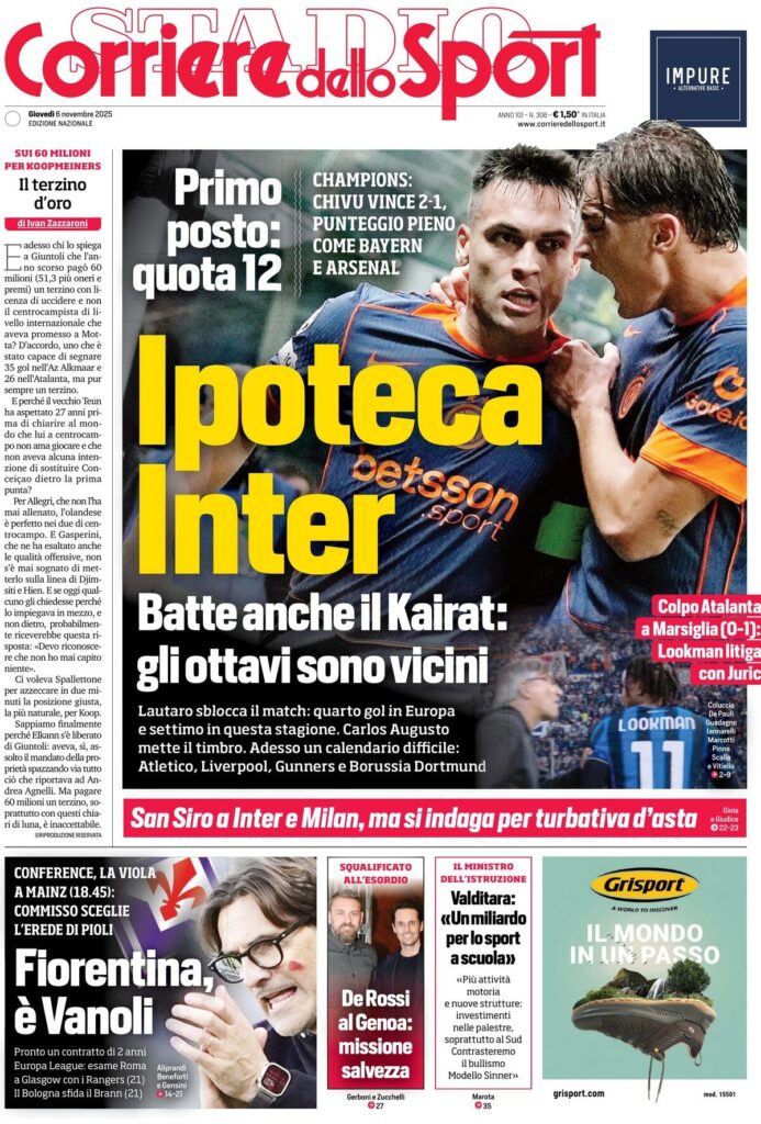 Le prime pagine dei principali quotidiani sportivi – 6 novembre 28 corriere dello sport 021209wk9