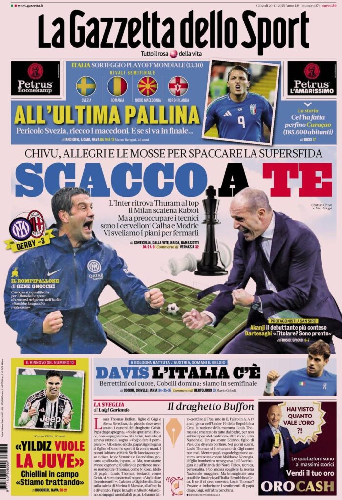Le prime pagine dei principali quotidiani sportivi – 20 novembre 27 la gazzetta dello sport 062359u1a