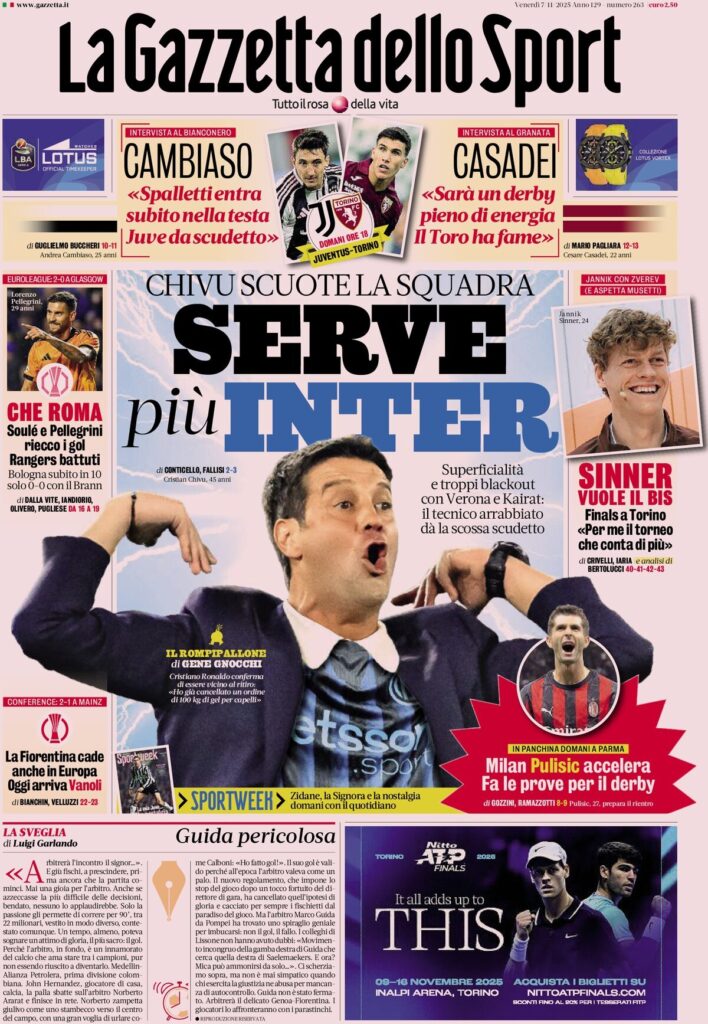 Le prime pagine dei principali quotidiani sportivi – 7 novembre 27 la gazzetta dello sport 070859366