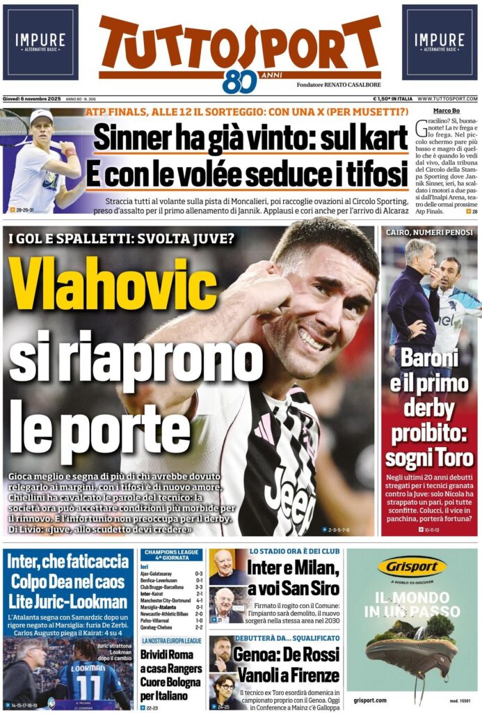 Le prime pagine dei principali quotidiani sportivi – 6 novembre 29 tuttosport 021203fga