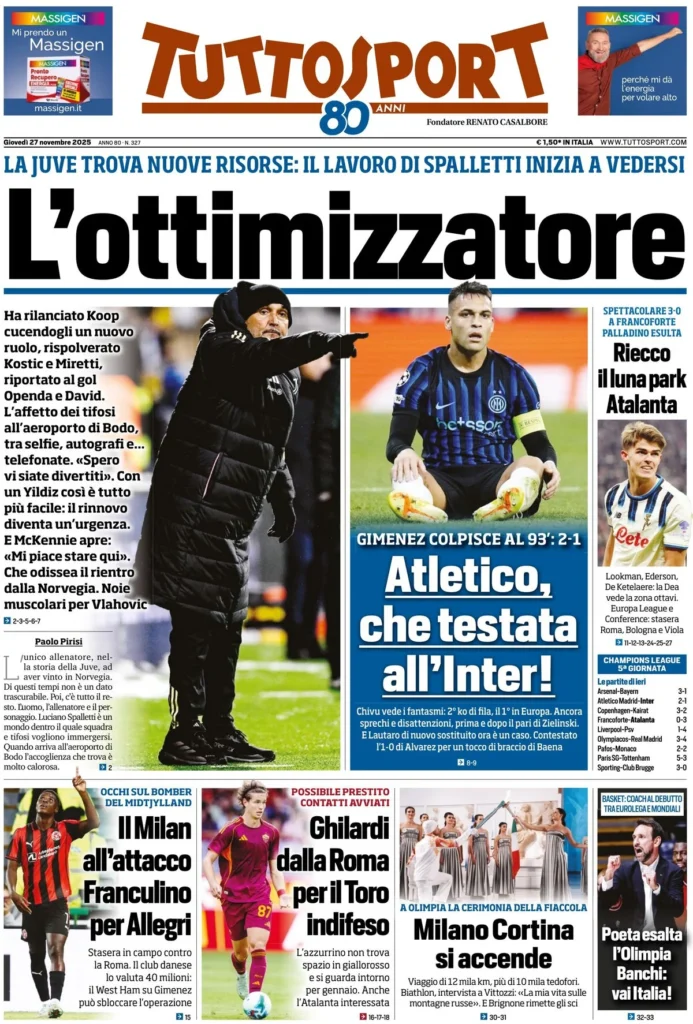 Le prime pagine dei principali quotidiani sportivi – 27 novembre 29 tuttosport 021204r9j