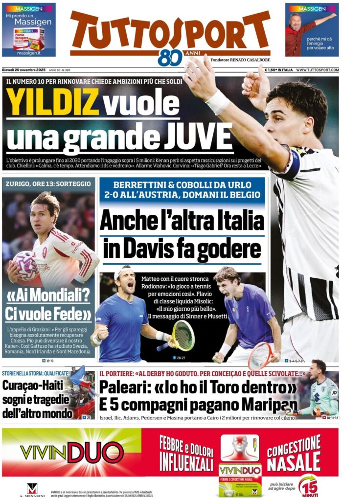 Le prime pagine dei principali quotidiani sportivi – 20 novembre 29 tuttosport 021205zkr