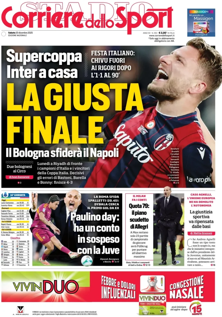 Rassegna stampa Sampdoria: prime pagine quotidiani sportivi - 20 dicembre 2025 28 corriere dello sport 020350z8p4s5r