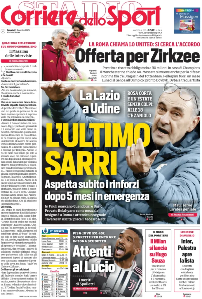 Rassegna stampa Sampdoria: prime pagine quotidiani sportivi - 27 dicembre 2025 28 corriere dello sport roma 062814ddmc4e7