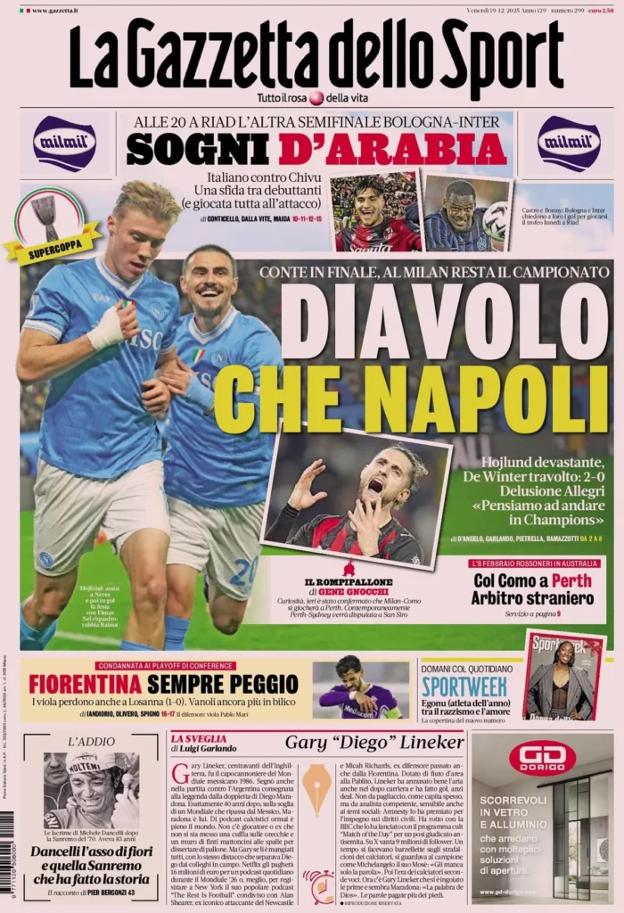 Rassegna stampa Sampdoria: prime pagine quotidiani sportivi - 19 dicembre 2025 29 la gazzetta dello sport 031525c5b8iiv