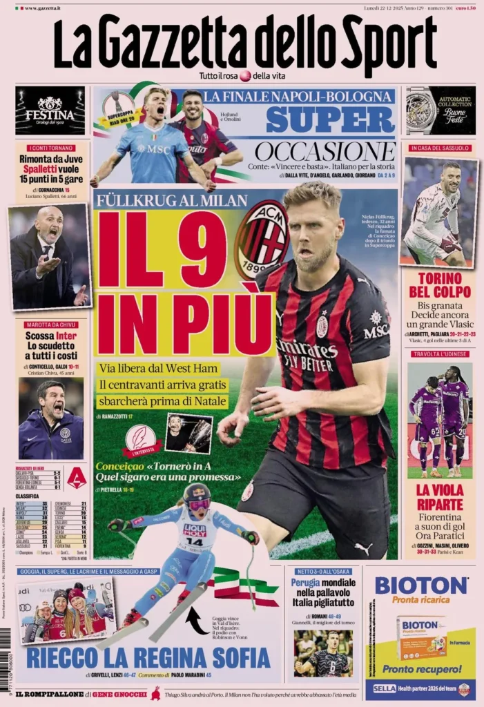 Rassegna stampa Sampdoria: prime pagine quotidiani sportivi - 22 dicembre 2025 29 la gazzetta dello sport 031539gzh7136