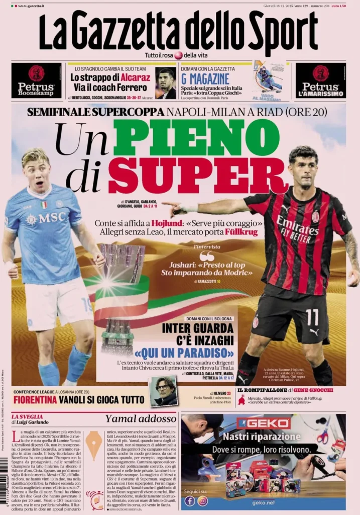 Le prime pagine dei principali quotidiani sportivi – 18 dicembre 27 la gazzetta dello sport 031703gyp7t3z