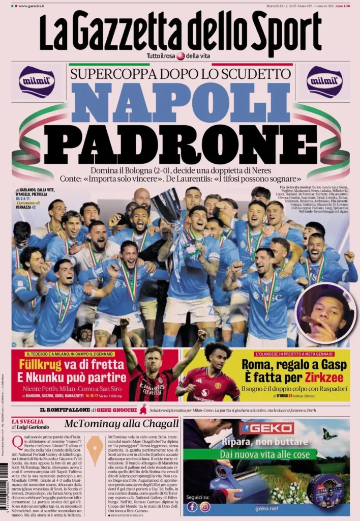 Le prime pagine dei principali quotidiani sportivi – 23 dicembre 27 la gazzetta dello sport 031703qvndoc1