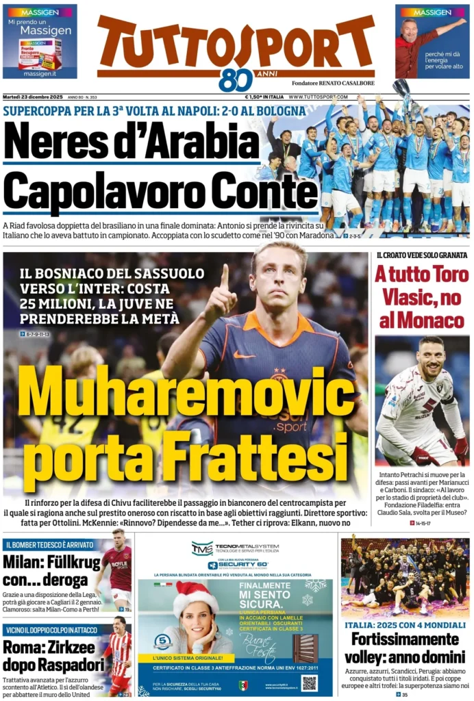Le prime pagine dei principali quotidiani sportivi – 23 dicembre 29 tuttosport 02072160d97qd