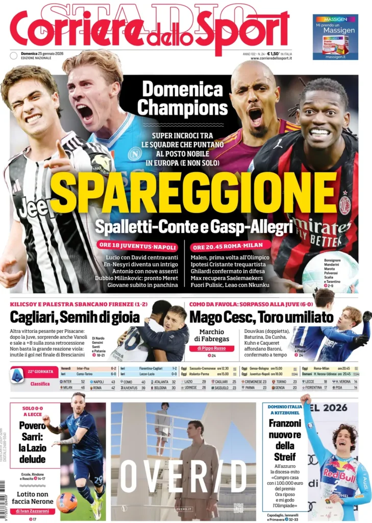 Le prime pagine dei principali quotidiani sportivi – 25 gennaio 2026 28 corriere dello sport 02081382n179i