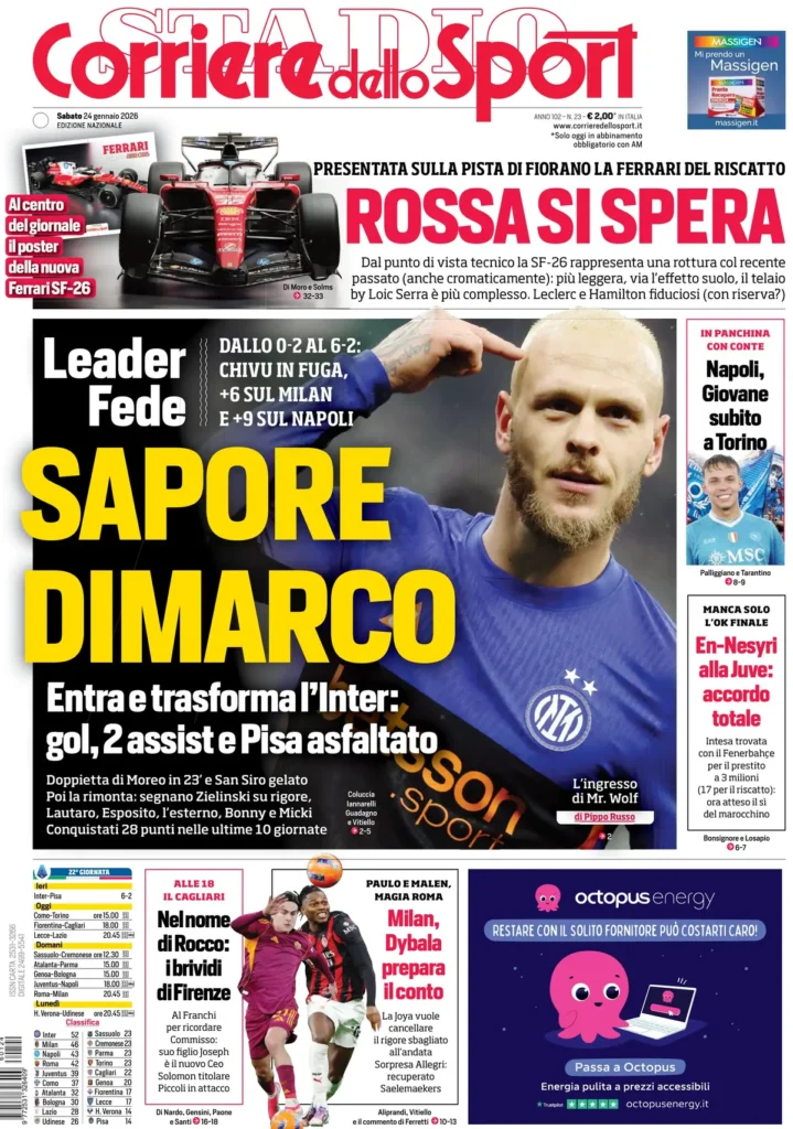 Le prime pagine dei principali quotidiani sportivi – 24 gennaio 2026 27 corriere dello sport 0215356qh8v9y