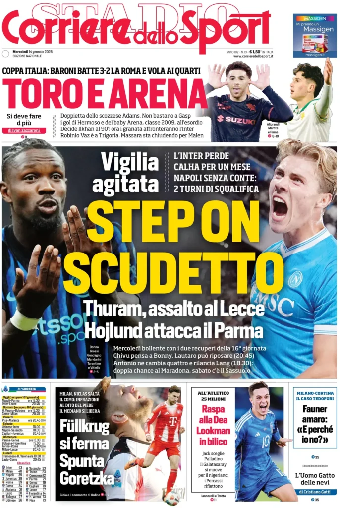 Rassegna stampa Sampdoria: prime pagine quotidiani sportivi - 14 gennaio 2026 28 corriere dello sport 0248080ba5b0n