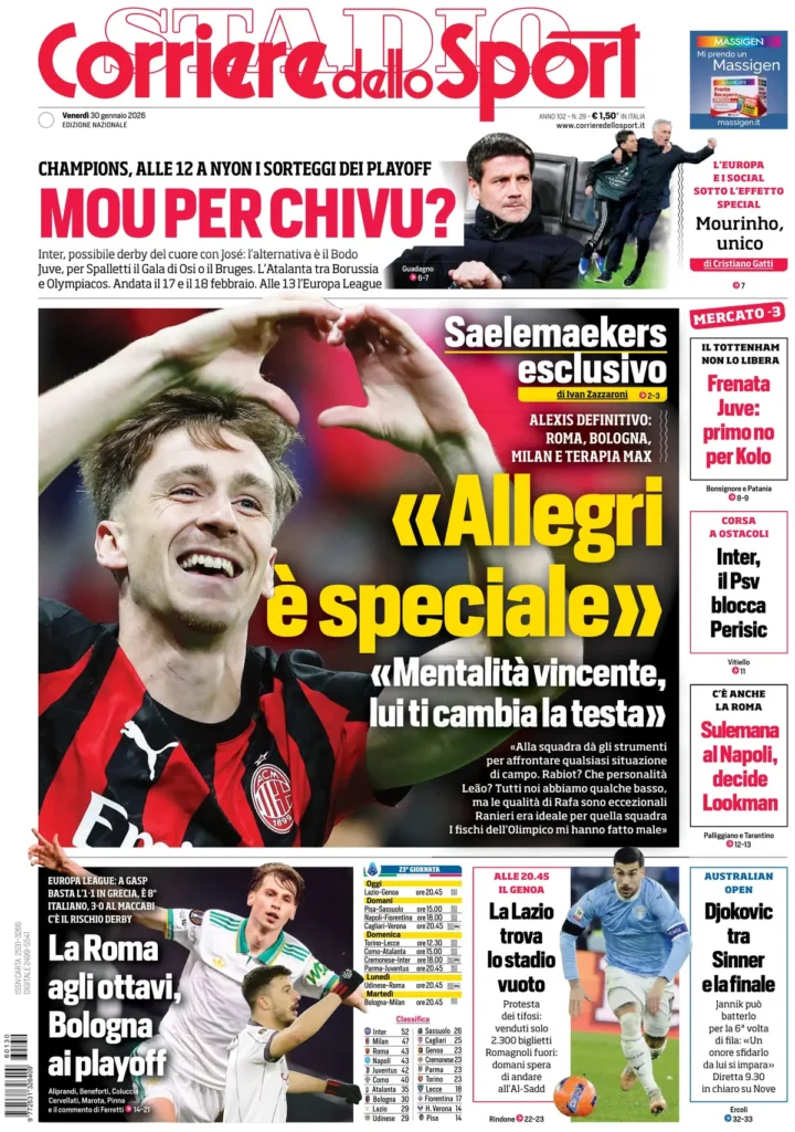 Rassegna stampa Sampdoria: prime pagine quotidiani sportivi - 30 gennaio 2026 28 corriere dello sport 052622pvfc0x2