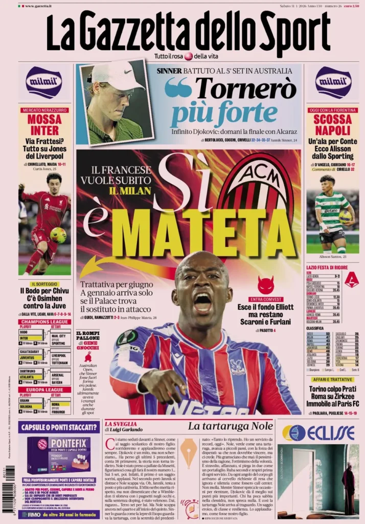 Le prime pagine dei principali quotidiani sportivi – 31 gennaio 27 la gazzetta dello sport 031803kxv16aa