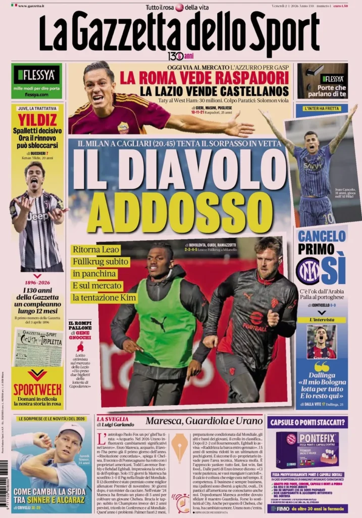 Rassegna stampa Sampdoria: prime pagine quotidiani sportivi - 2 gennaio 2026 29 la gazzetta dello sport 031818eflcpbg