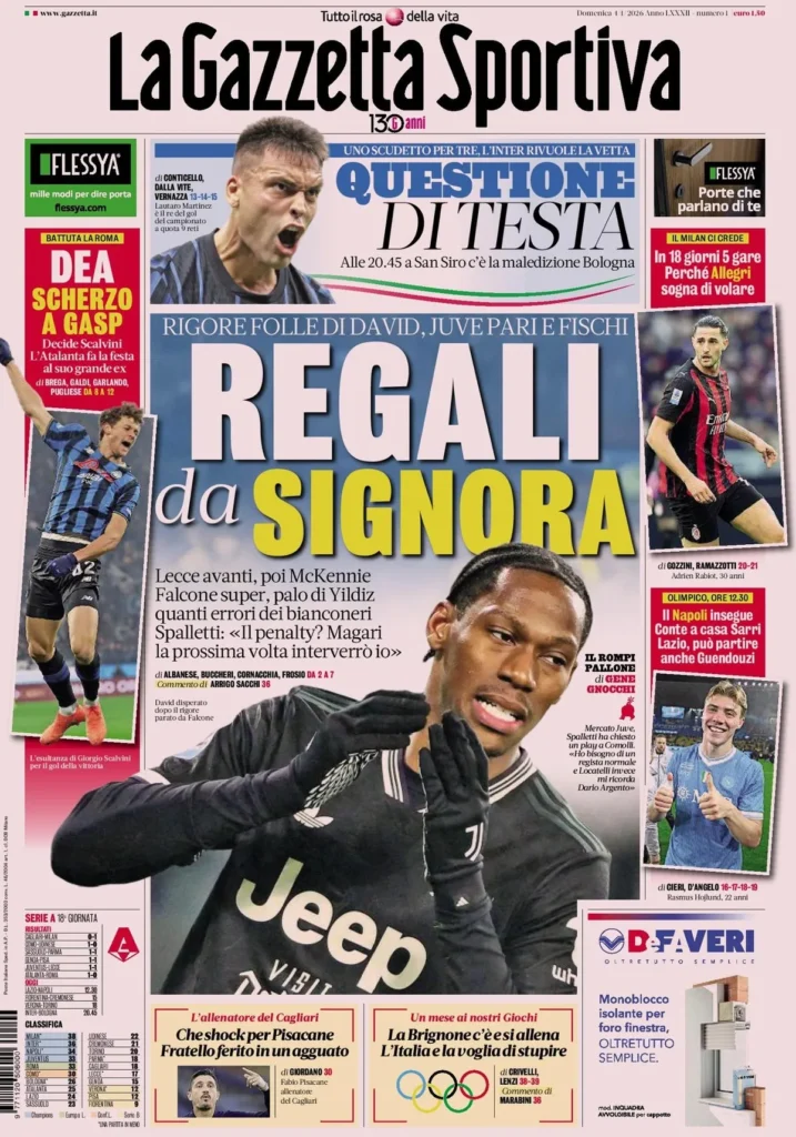 Rassegna stampa Sampdoria: prime pagine quotidiani sportivi - 4 gennaio 2026 29 la gazzetta dello sport 0318381264j36