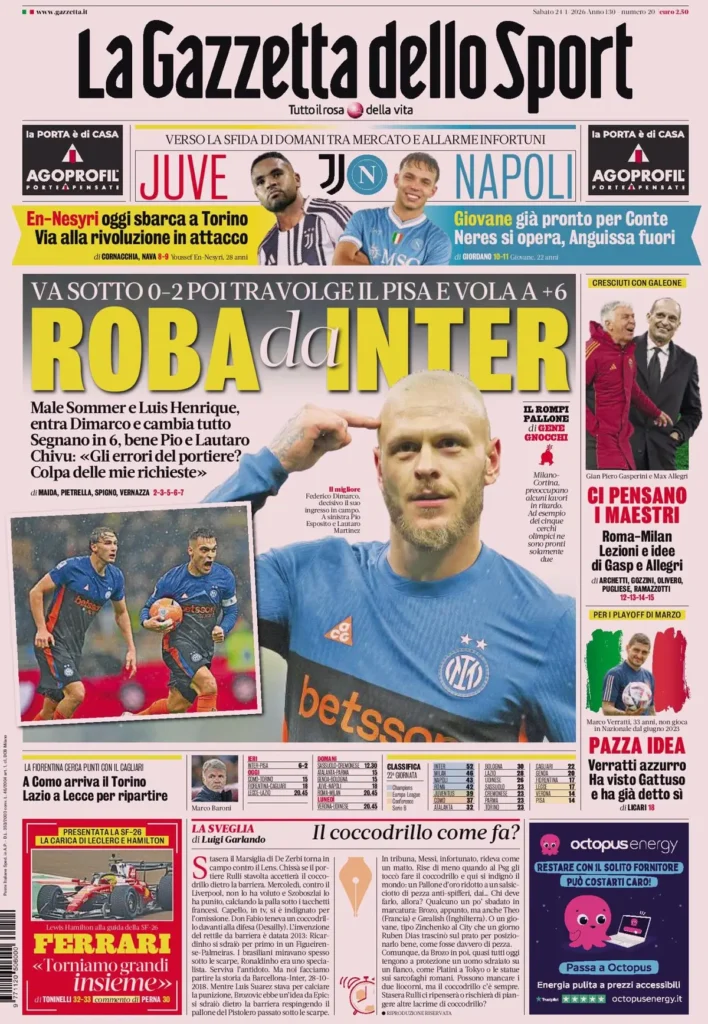 Le prime pagine dei principali quotidiani sportivi – 24 gennaio 2026 29 la gazzetta dello sport 032303k3n7end
