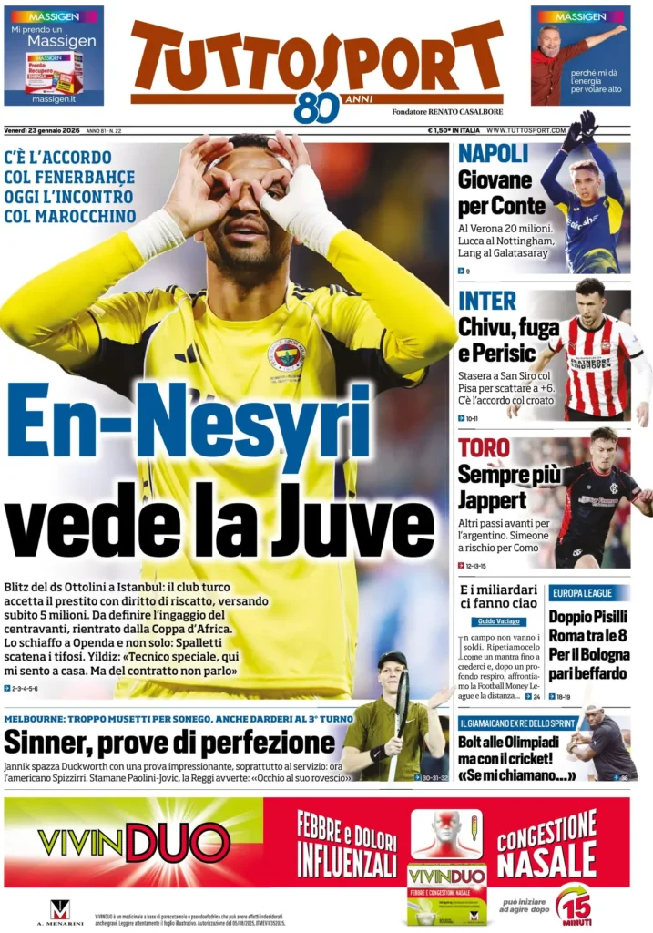 Le prime pagine dei principali quotidiani sportivi – 23 gennaio 29 tuttosport 020357pxa3zfo