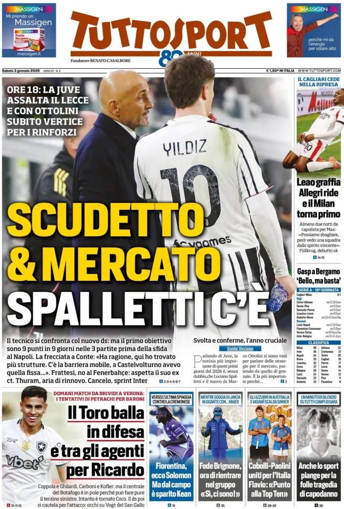 Le prime pagine dei principali quotidiani sportivi – 3 gennaio 29 tuttosport 020422nc03q37