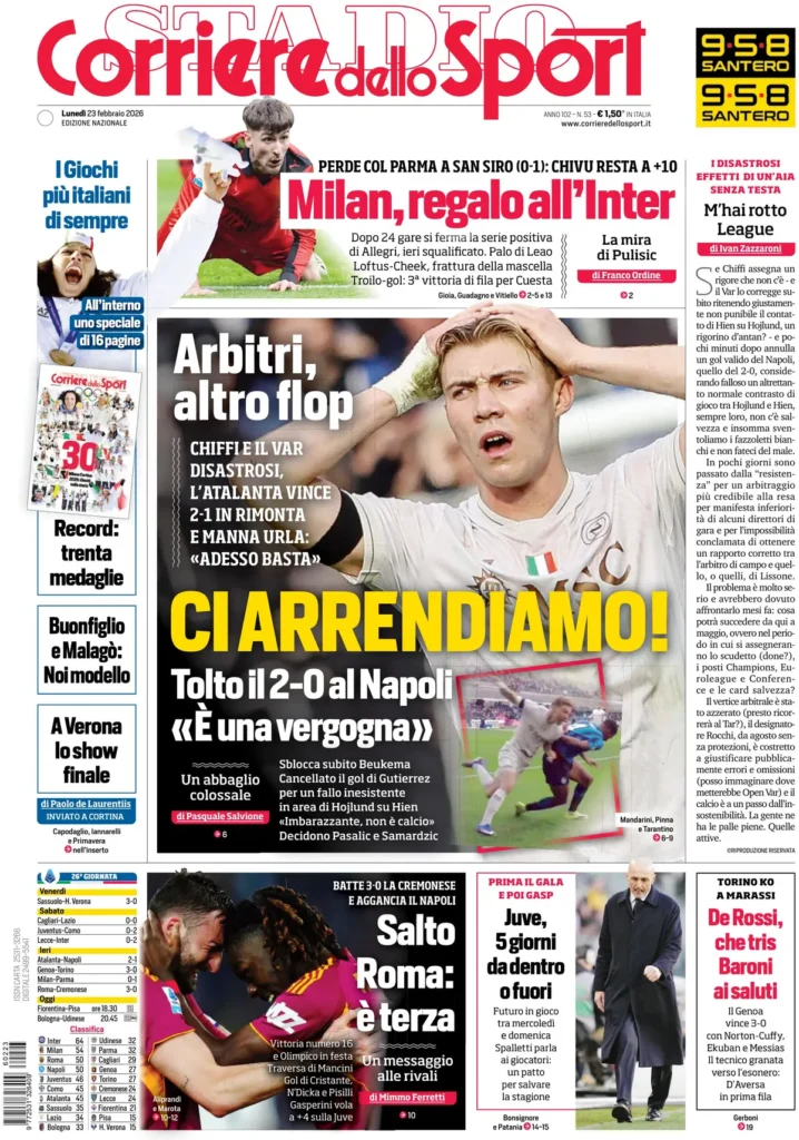 Rassegna stampa Sampdoria: prime pagine quotidiani sportivi - 23 febbraio 2026 28 corriere dello sport 020303n3y8azw