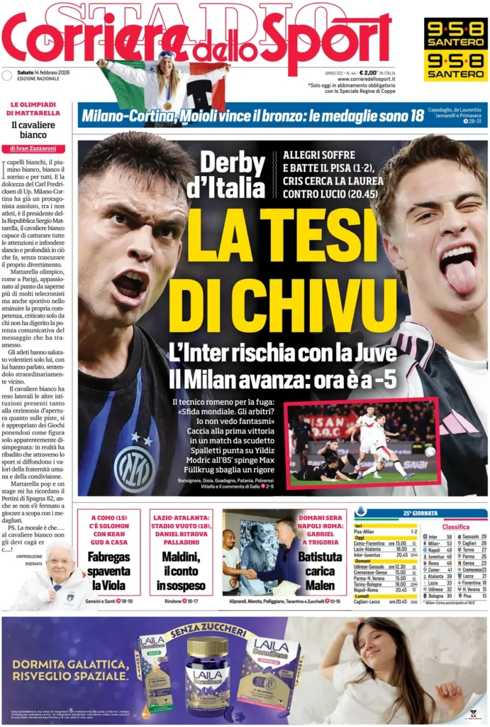 Le prime pagine dei principali quotidiani sportivi – 14 febbraio 2026 28 corriere dello sport 020311sfzaccx