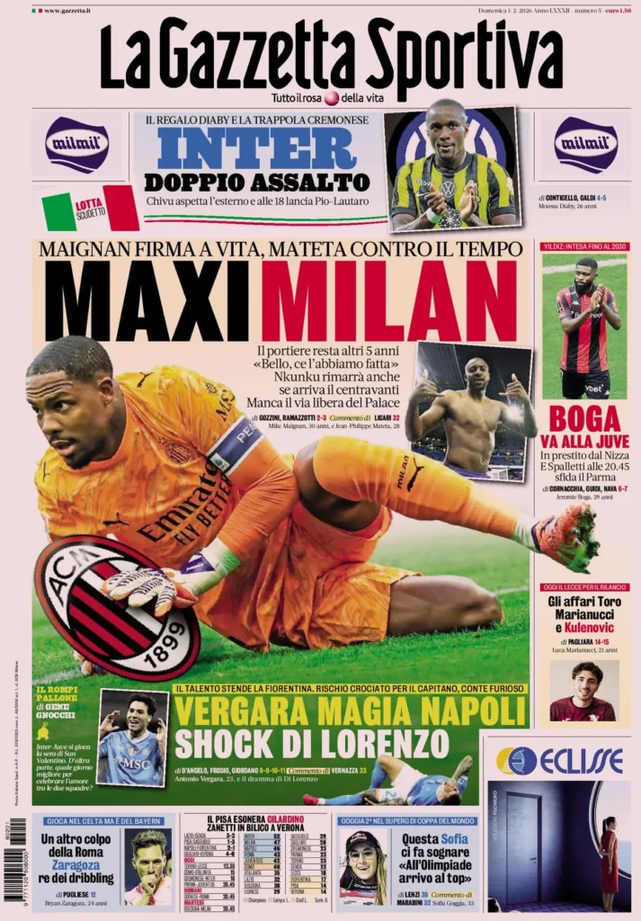 Le prime pagine dei principali quotidiani sportivi – 1 febbraio 2026 29 la gazzetta dello sport 031802hjq6jt1