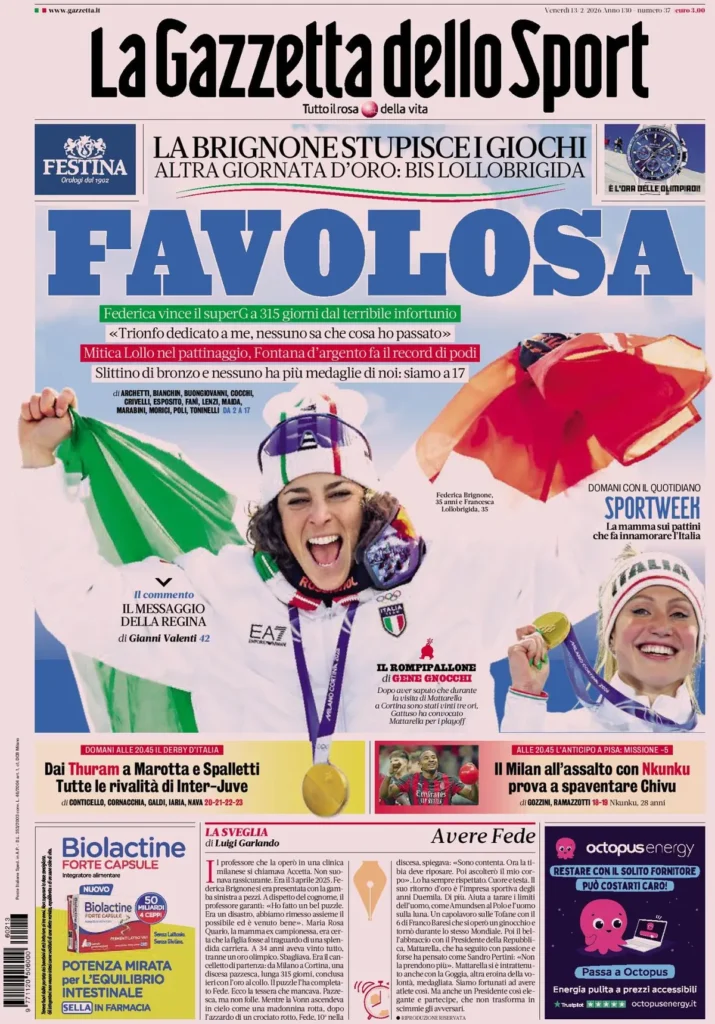Le prime pagine dei principali quotidiani sportivi – 13 febbraio 2026 29 la gazzetta dello sport 031803dex2na8