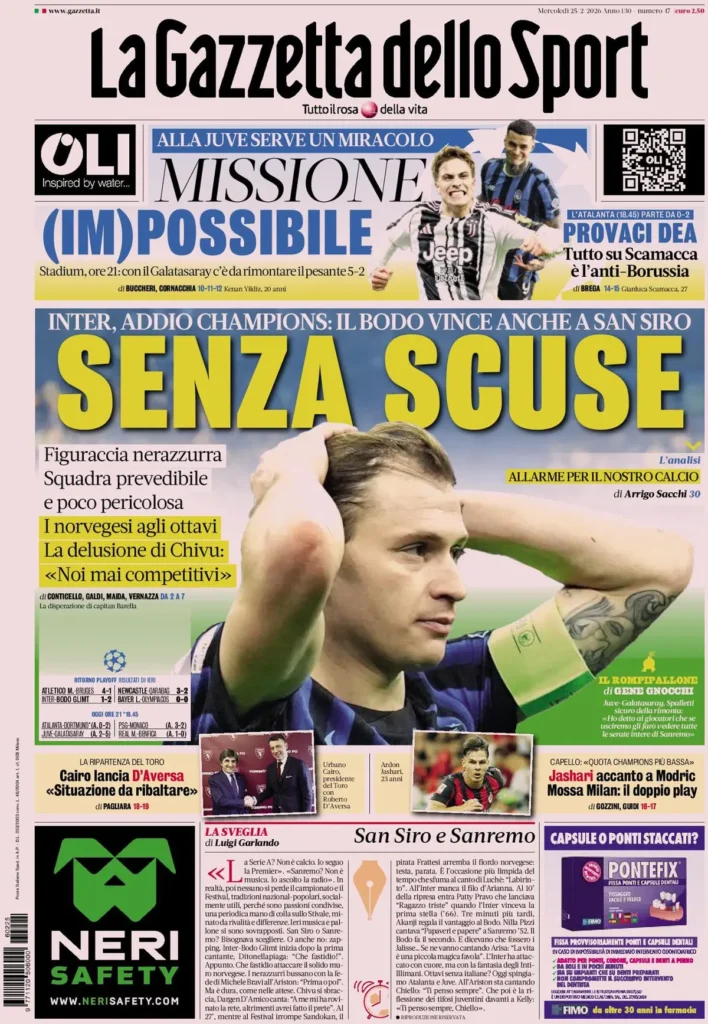 Rassegna stampa Sampdoria: prime pagine quotidiani sportivi - 25 febbraio 2026 29 la gazzetta dello sport 031803jzqbnib