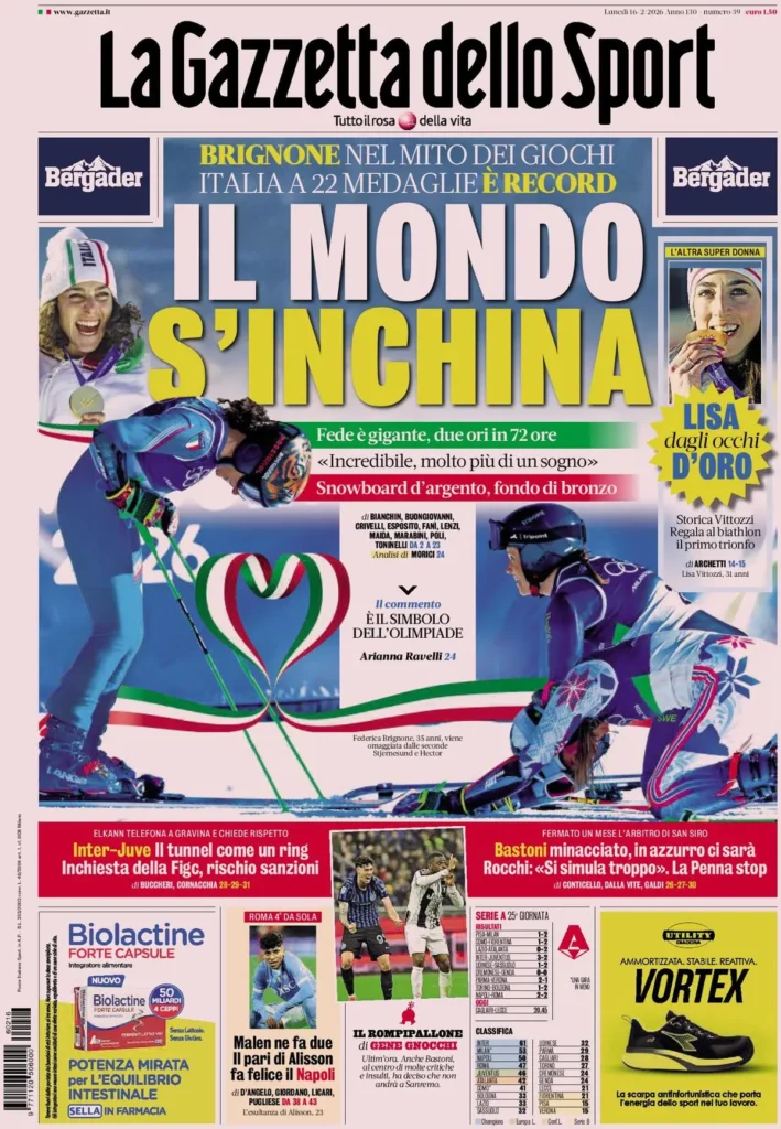 Le prime pagine dei principali quotidiani sportivi – 16 febbraio 2026 29 la gazzetta dello sport 032302xgr4lyh