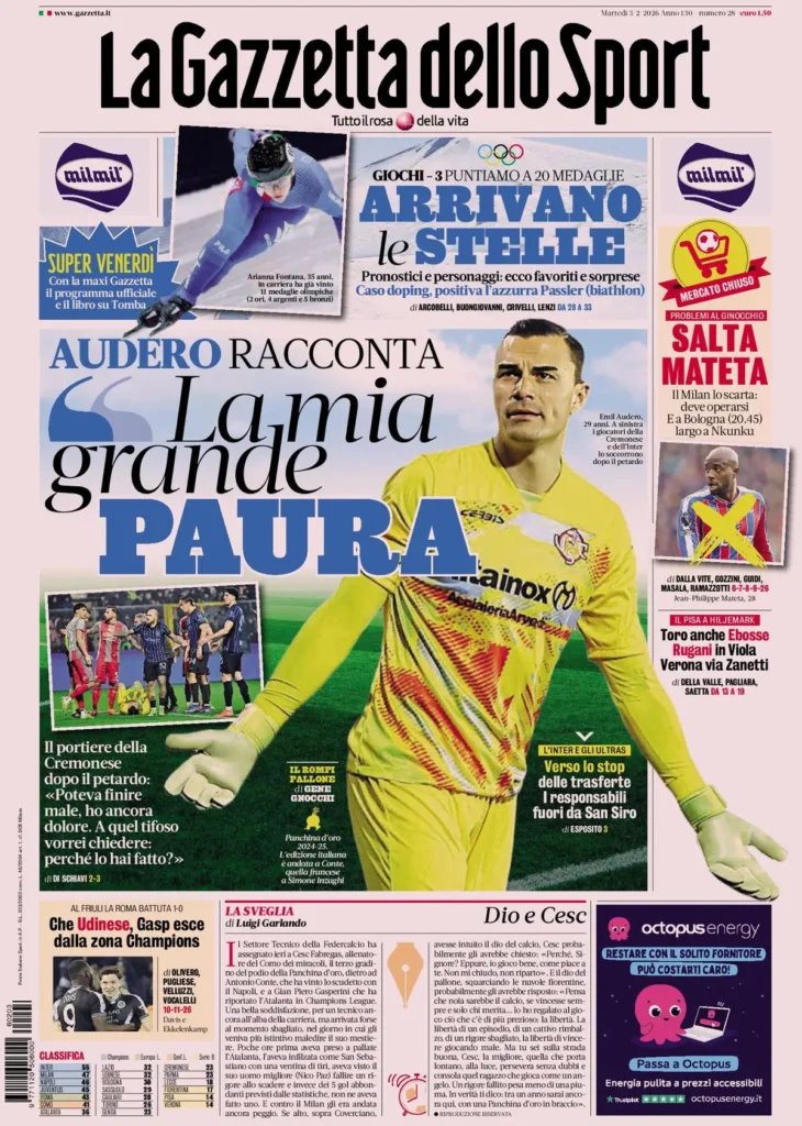Le prime pagine dei principali quotidiani sportivi – 3 febbraio 2026 29 la gazzetta dello sport 032304yl55via