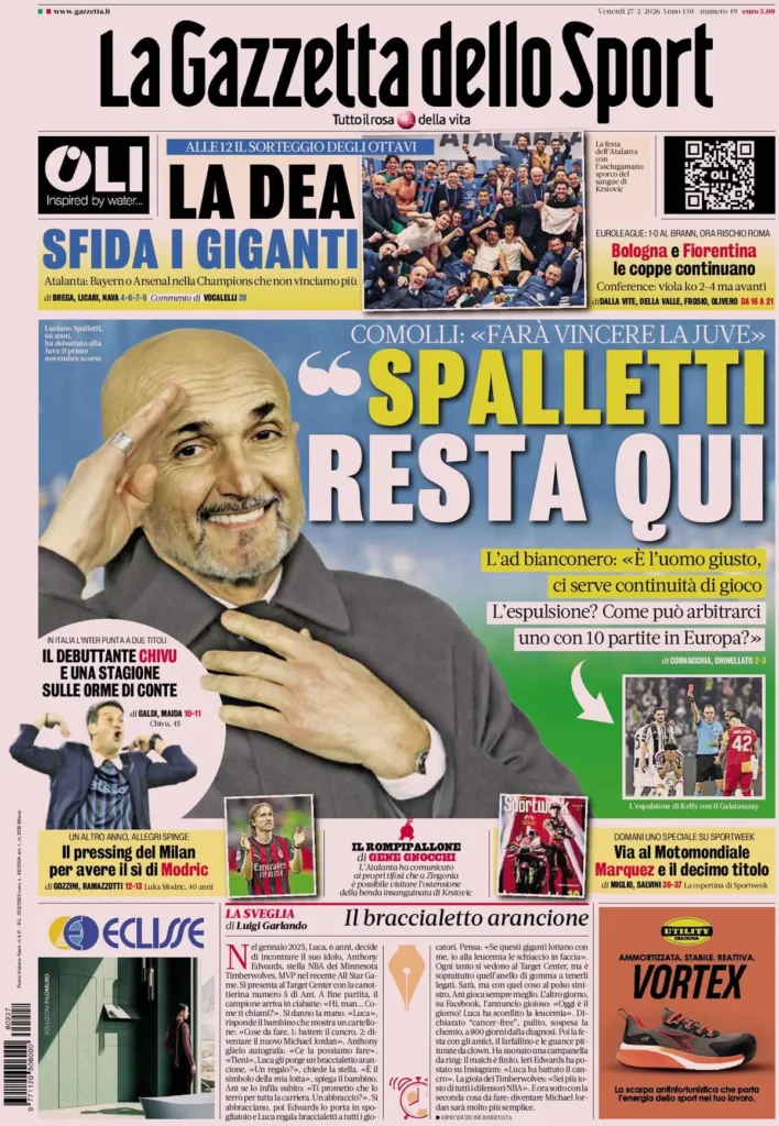 Le prime pagine dei principali quotidiani sportivi – 27 febbraio 27 la gazzetta dello sport 032519w9r9t5q