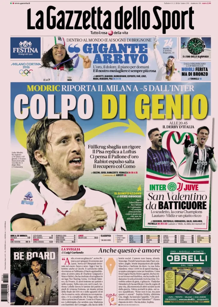 Le prime pagine dei principali quotidiani sportivi – 14 febbraio 2026 29 la gazzetta dello sport 032903mv6dzv0