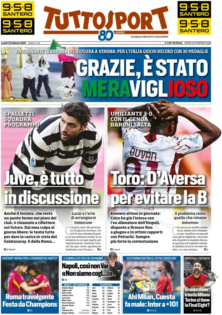 Rassegna stampa Sampdoria: prime pagine quotidiani sportivi - 23 febbraio 2026 27 tuttosport 020253103a2lv