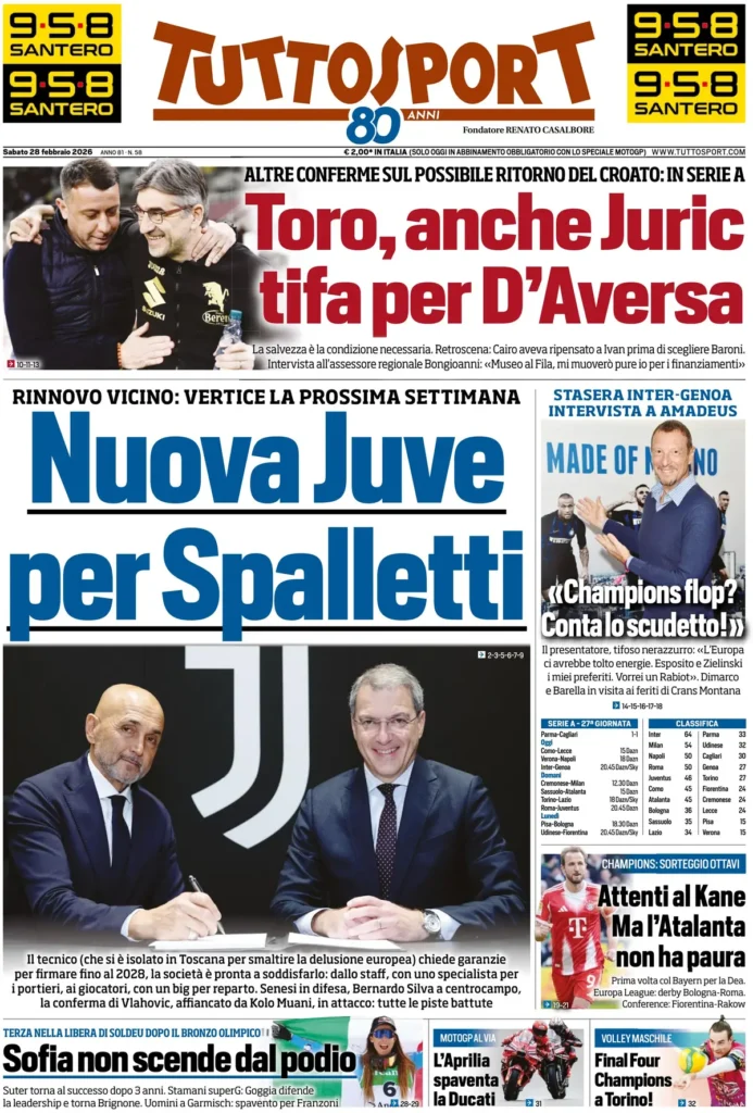 Le prime pagine dei principali quotidiani sportivi – 28 febbraio 27 tuttosport 020302mswb73p