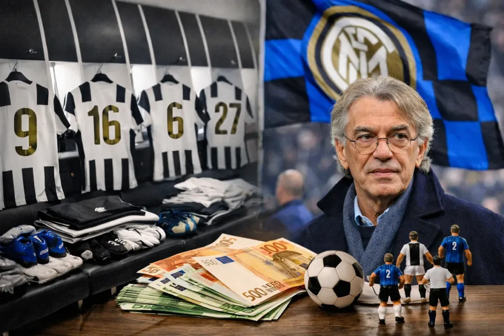 La Juventus a Moratti: "Dieci giocatori ogni anno" 1 Massimo Moratti tra Juve e Inter, immagine creata con l'intelligenza artificiale