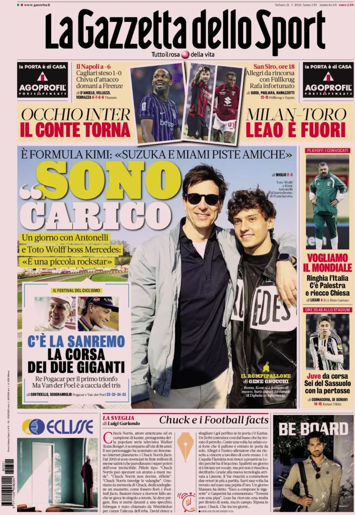 Le prime pagine dei principali quotidiani sportivi – 21 marzo 2026 29 la gazzetta dello sport 021055p06r4am