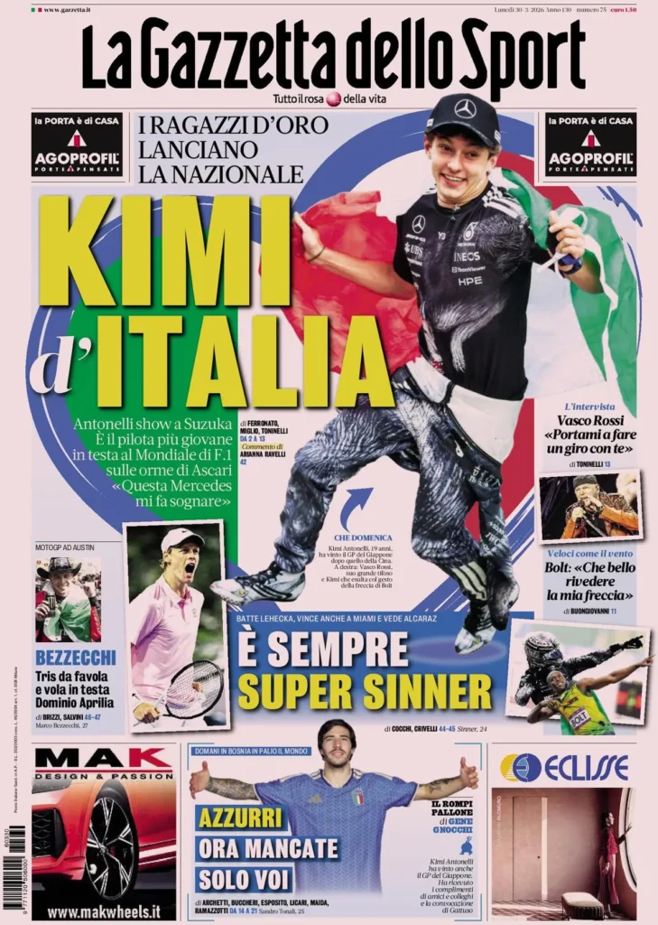Le prime pagine dei principali quotidiani sportivi – 30 marzo 2026 29 la gazzetta dello sport 0318023jua207