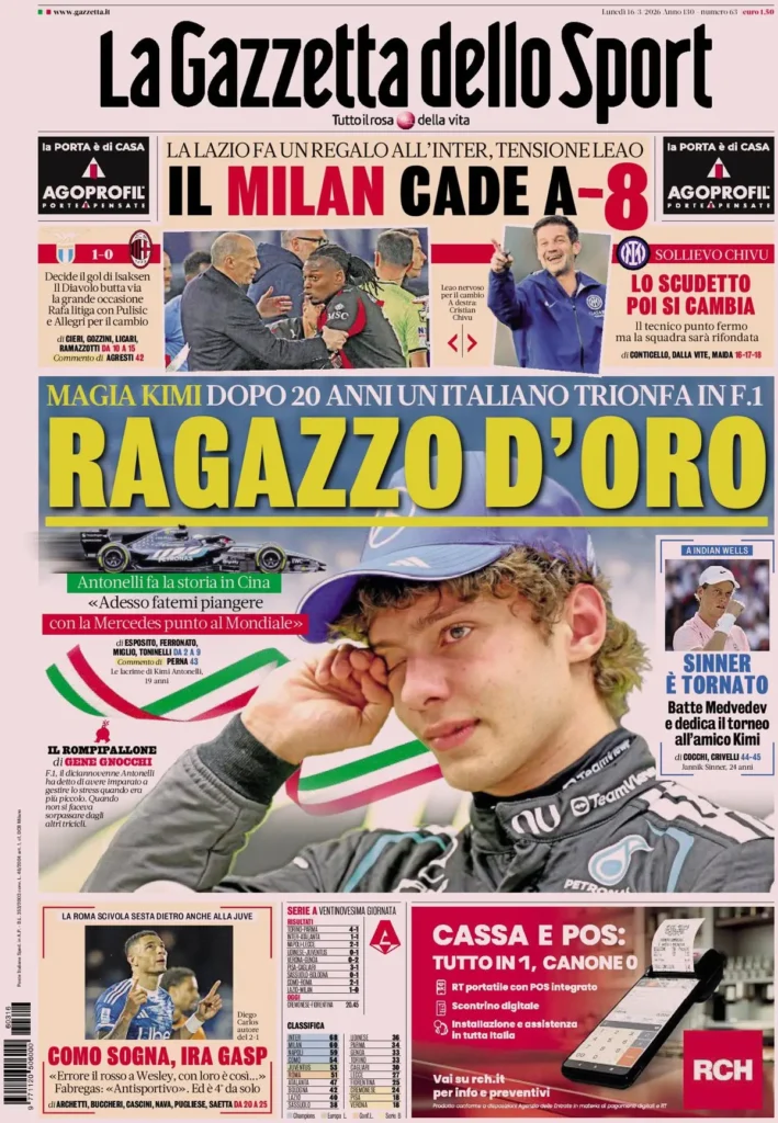 Le prime pagine dei principali quotidiani sportivi – 16 marzo 29 la gazzetta dello sport 031802ku948cs