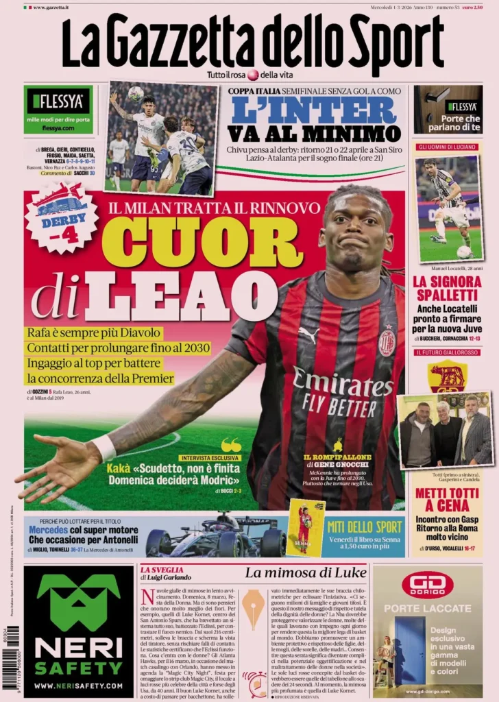 Le prime pagine dei principali quotidiani sportivi – 4 marzo 29 la gazzetta dello sport 0318031qu1jim