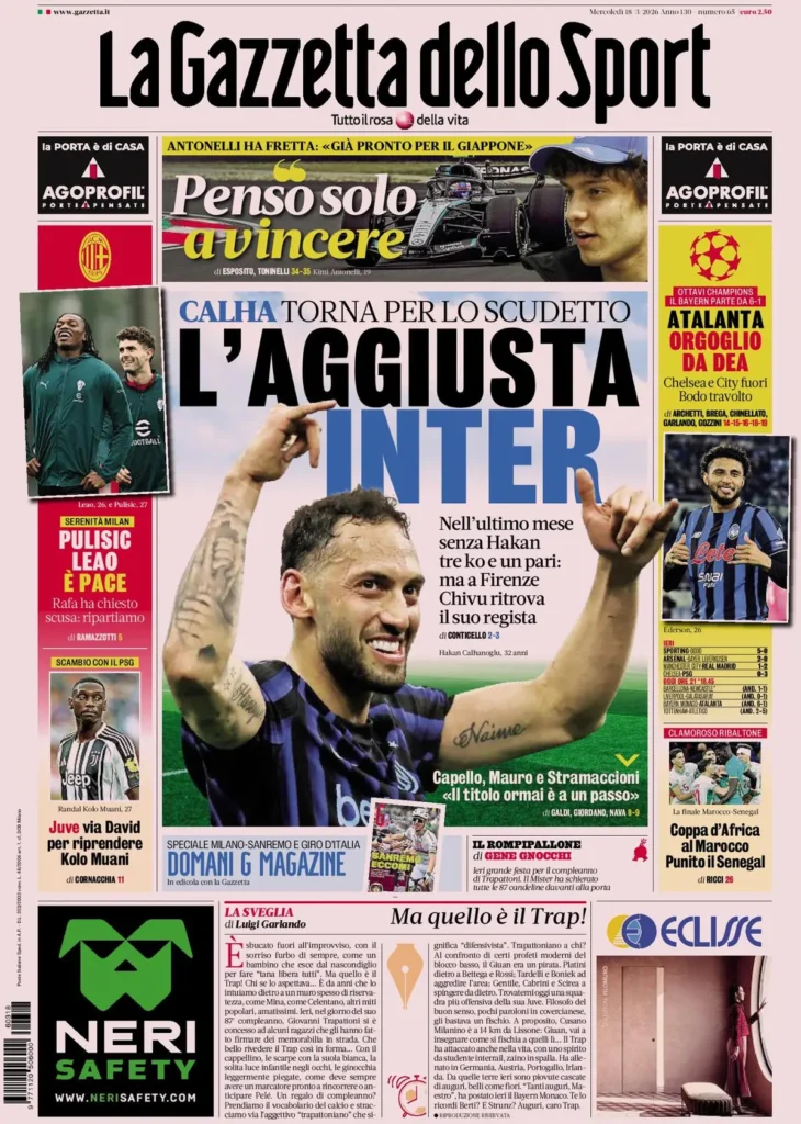 Le prime pagine dei principali quotidiani sportivi – 18 marzo 29 la gazzetta dello sport 031803maw9ru9