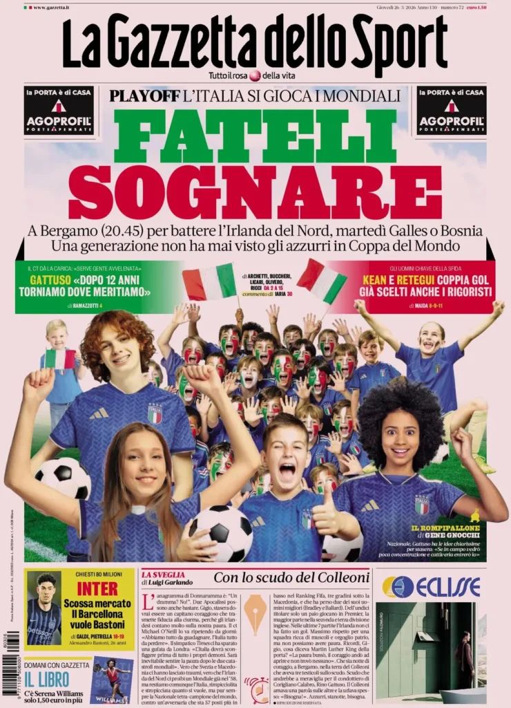 Le prime pagine dei principali quotidiani sportivi – 26 marzo 2026 29 la gazzetta dello sport 032255bb4caus