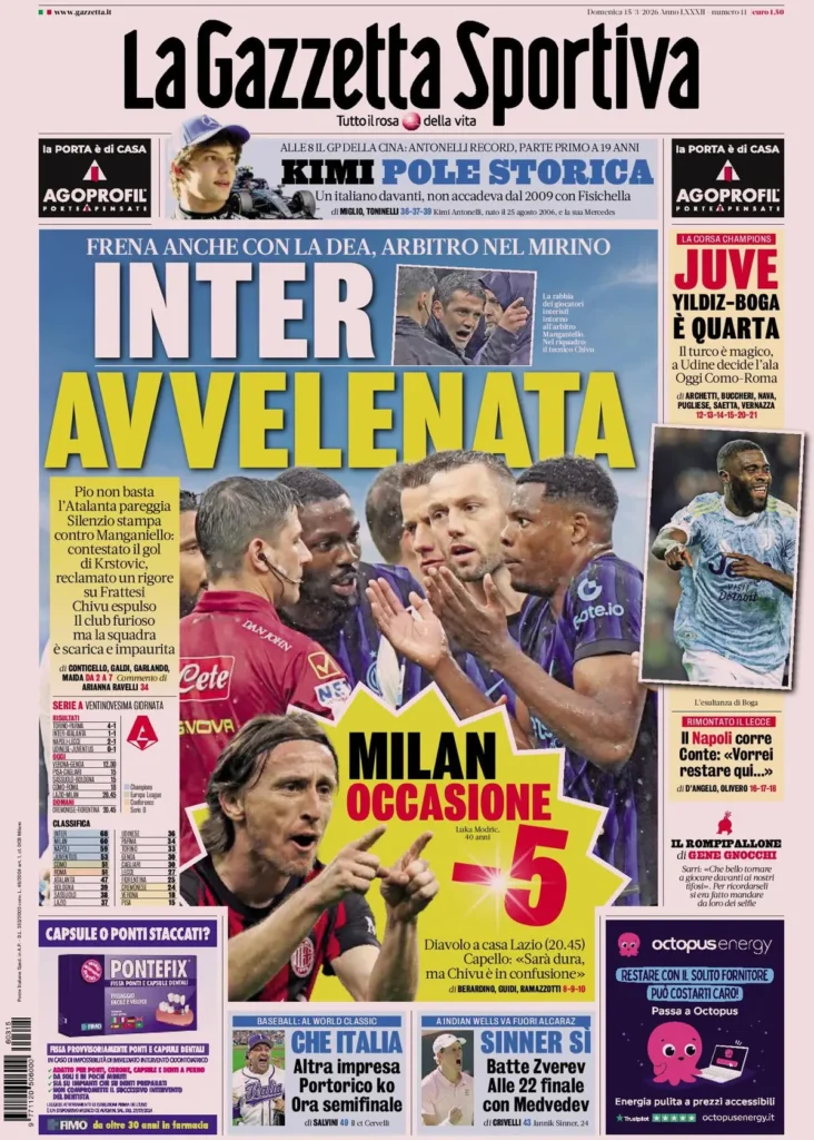 Le prime pagine dei principali quotidiani sportivi – 15 marzo 2026 29 la gazzetta dello sport 032943189e06t