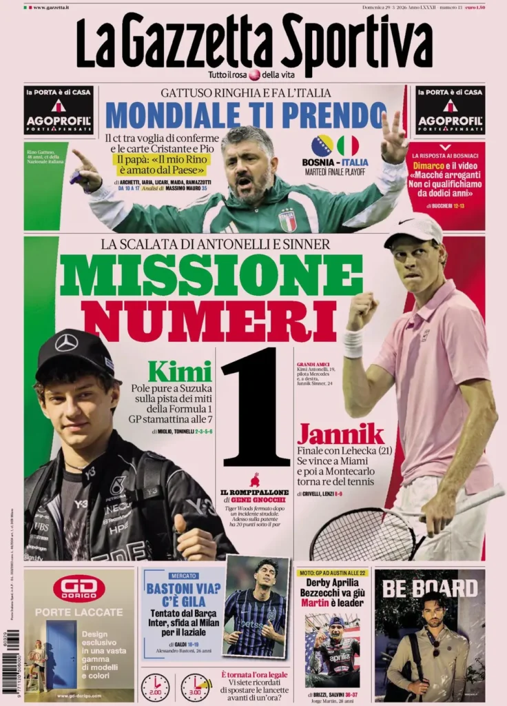 Le prime pagine dei principali quotidiani sportivi – 29 marzo 2026 29 la gazzetta dello sport 0332504oc26mk