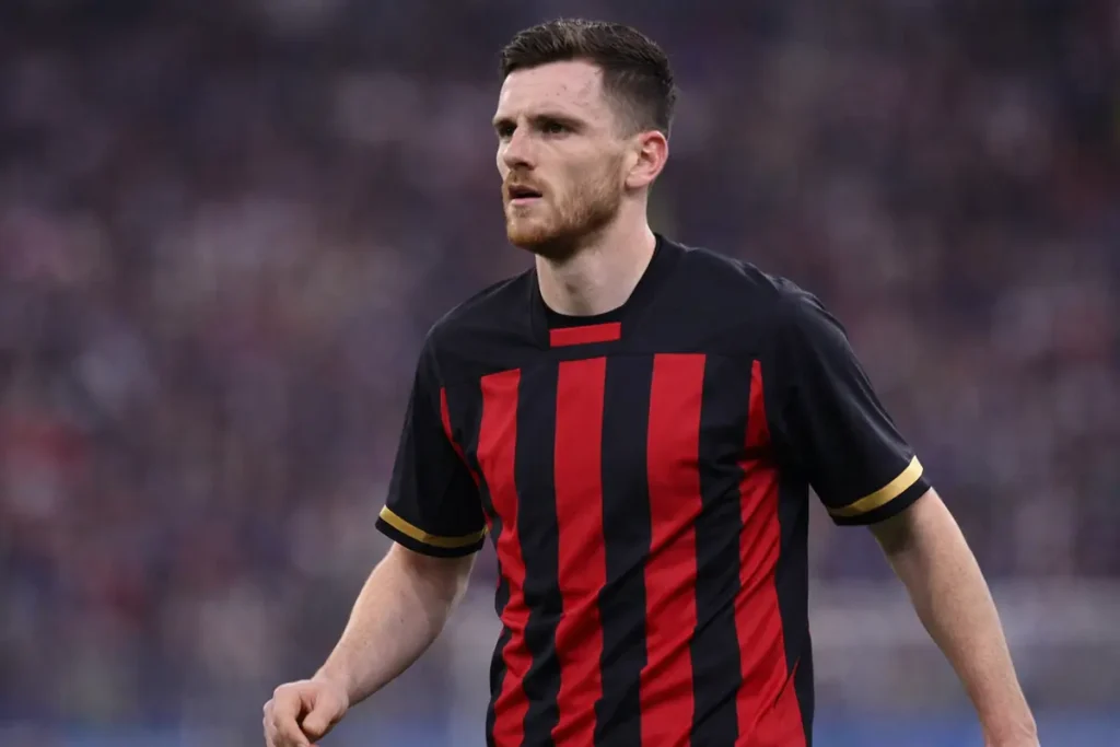 Dal Liverpool al Milan a parametro zero: il colpaccio che nessuno si aspettava 1 Robertson con la maglia del Milan, immagine creata con l'intelligenza artificiale