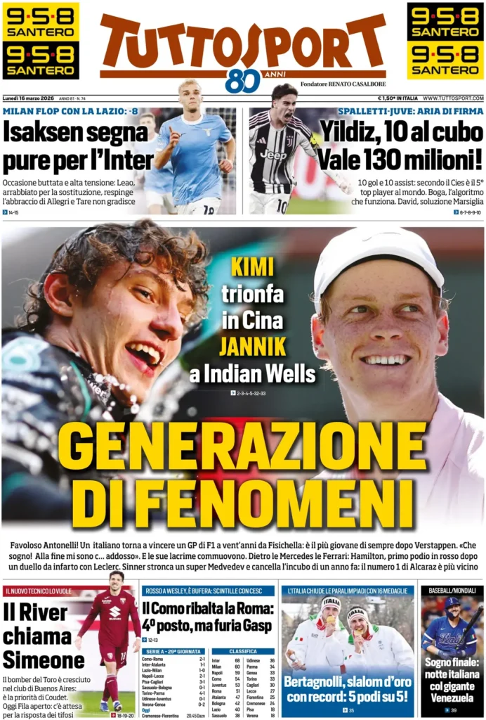 Le prime pagine dei principali quotidiani sportivi – 16 marzo 27 tuttosport 020304h659siv