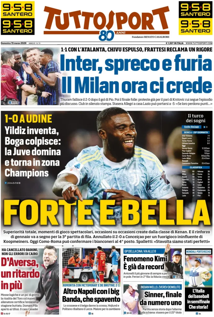 Le prime pagine dei principali quotidiani sportivi – 15 marzo 2026 27 tuttosport 0215249x31jud