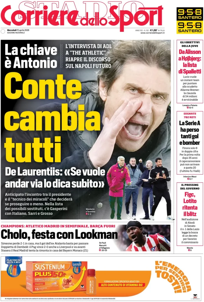 Le prime pagine dei principali quotidiani sportivi – 15 aprile 2026 28 corriere dello sport 020307ksr8ati