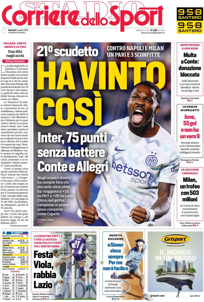 Rassegna stampa Sampdoria: prime pagine quotidiani sportivi - 14 aprile 2026 28 corriere dello sport 020309amm38lc